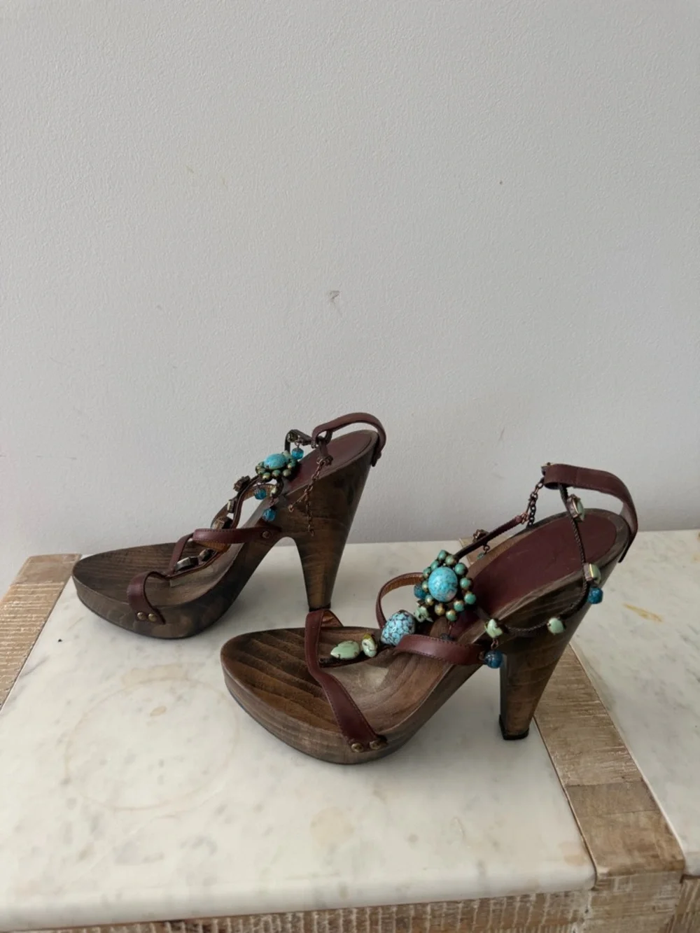 Giuseppe Zanotti Brown Leather Beaded Wedge Sandals with Turquoise Accents